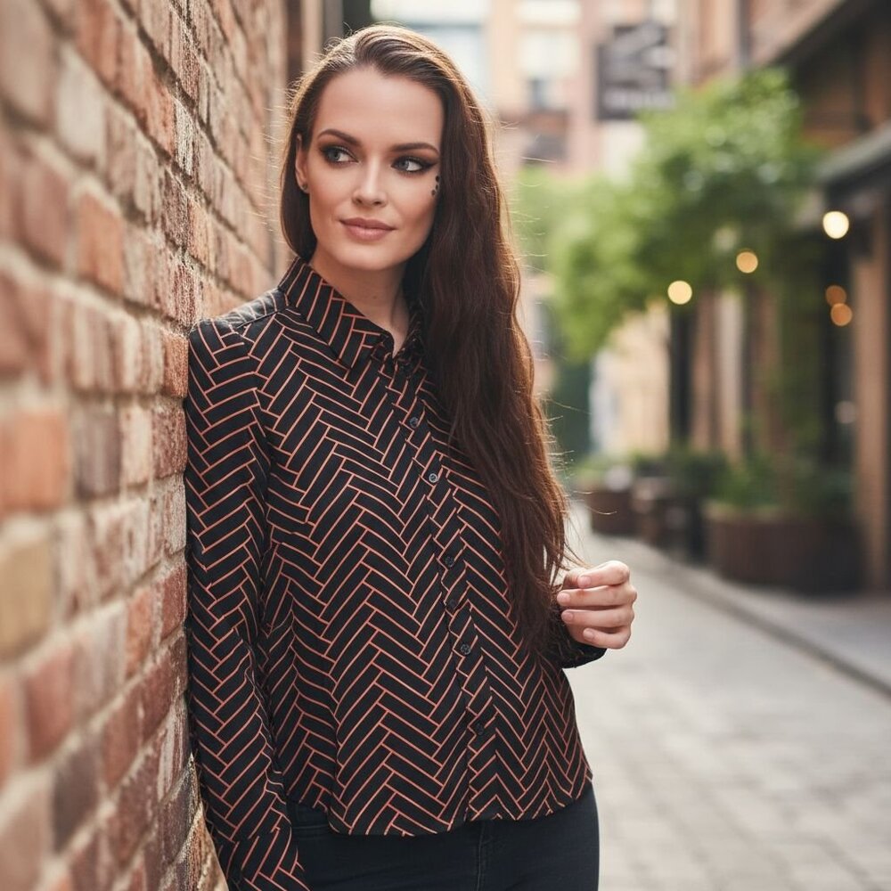 Topshop Petite ✦ Black Red Herringbone Button-Up Blouse ✦ Long Sleeve Office 2P